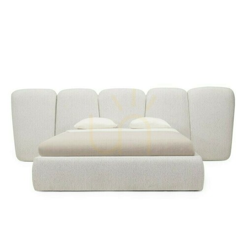 Check FANCY Upholstered Bed, 160 x 200 cm, with frame, rounded corners, light beige, Nova Nook