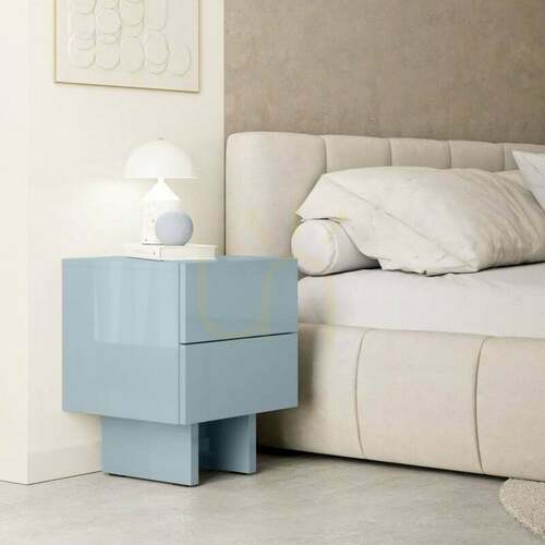Check GLAM Nightstand, in smoky blue, with a Nova Nook gloss finish