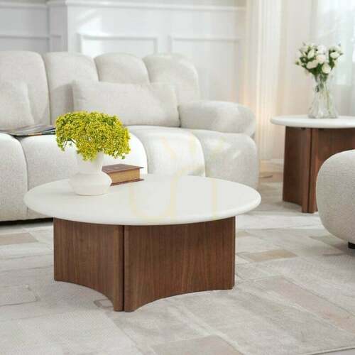 Check ARLO 80 cm Coffee Table, Cream-White/Walnut, Nova Nook Microcement