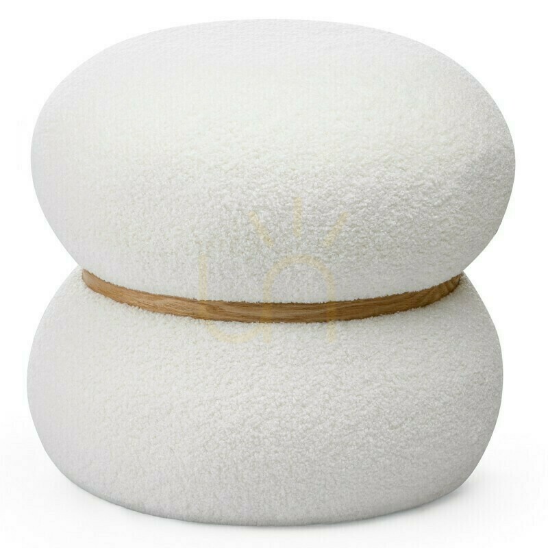 MUSSI Upholstered Ottoman, Round, White, Made of Nova Nook Bouclé Fabric
