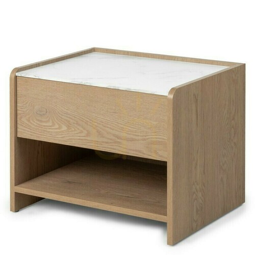 Check TANNA Cremona Torro Nightstand, made of oak wood with crystal marble, rounded Nova Nook design