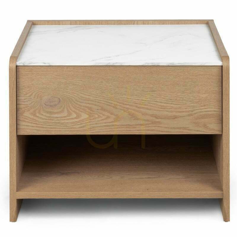 TANNA Cremona Torro Nightstand, made of oak wood with crystal marble, rounded Nova Nook design
