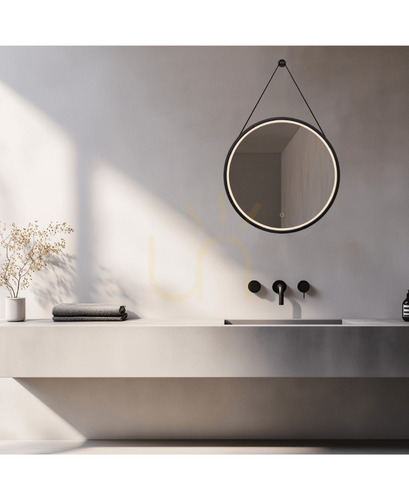 Check Round Bathroom Mirror Ø60 cm with 15 W LED Light on a Strap, Touch Dimming, 3000/4000 K, IP44, Matt Black, Zambelis 25387