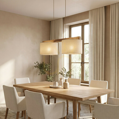 Check TK-Lighting VIGA SHADE 11881 pine pendant light, linen shades, 2×E27, 80 cm