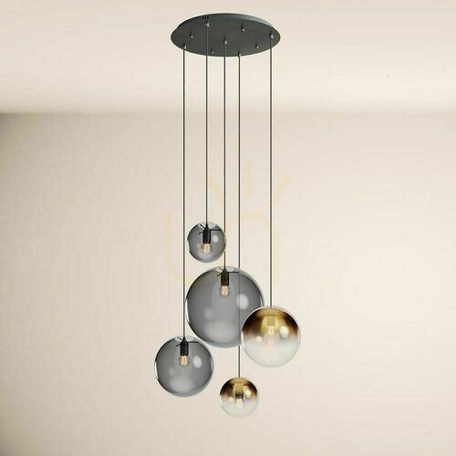 Check s.luce Orb Modular 5-light pendant E27, gold-gradient and smoked glass globes, black canopy