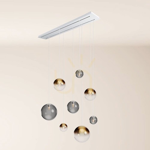 Check s.luce Orb 8-flammiger goldener Glas- und Metall-Kronleuchter, 2-reihig