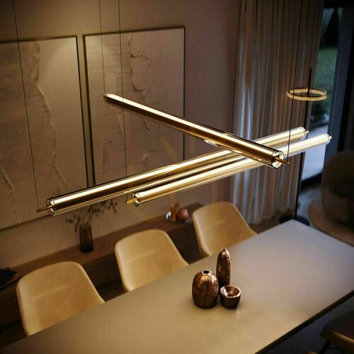 Check s.luce Ranya LED Pendelleuchte Glas Gold 2700K Dimmbar mit Fernbedienung