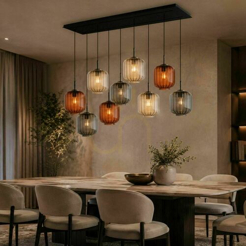 Check s.luce Velo 8-Light Chandelier, Multicolour Ø20 cm Glass Shades, Black 160 cm Canopy