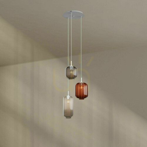 Check s.luce Velo 194420 pendant light, 3×E27, canopy Ø 40 cm, shades Ø 18/20/25 cm, brown, clear and smoke glass, white suspension