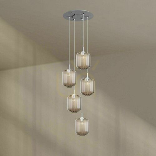 Check s.luce Velo 194437 5-light chandelier, clear glass Ø 25 cm, white suspension, 60 cm canopy