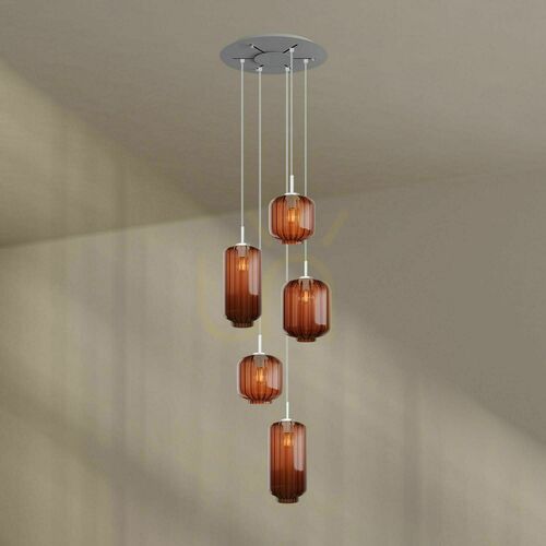 Check s.luce Velo 5-light pendant, brown glass, white suspension, Ø 60 cm canopy, E27