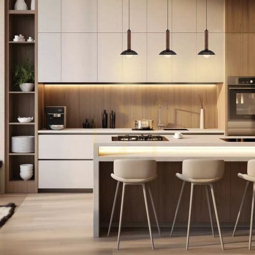 Check Arden Small LED Pendant Light - Matte Black, Walnut Veneer by Elstead