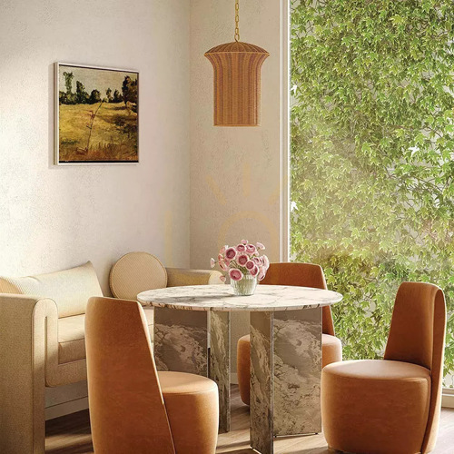 Check Kai Small Pendant Light - 1 Light - Brushed Gold & Rattan Elstead
