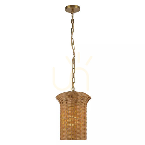 Check Kai Small Pendant Light - 1 Light Source - Brushed Gold, Elstead Rattan