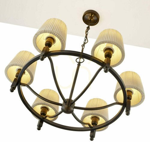 Check Jupiter PIAST 2185 brass-coloured chandelier, 6 pleated beige shades E27