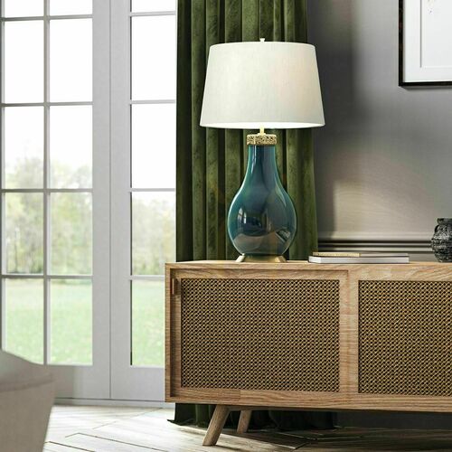 Check Havering table lamp - turquoise ceramic, ivory shade Quintiesse