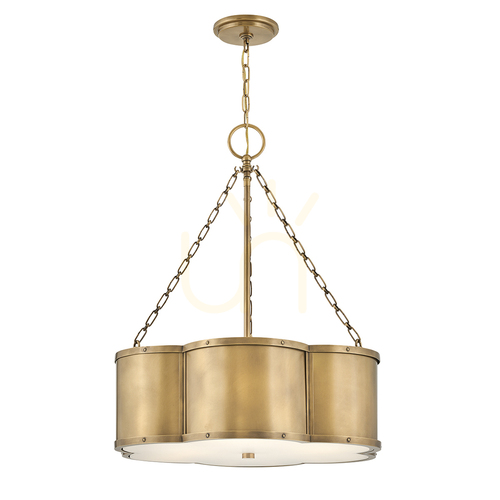 Check Chance pendant light Quintiesse 3 x E27, heritage brass, opal glass