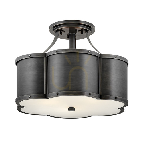 Check Chance semi-flush ceiling light Quintiesse 3 x E27, Ø 45.7 cm, blackened brass, opal glass