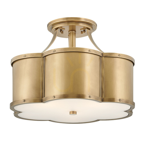 Check Chance semi-flush ceiling light Quintiesse 3 x E27, Ø 45.7 cm, heritage brass, opal glass