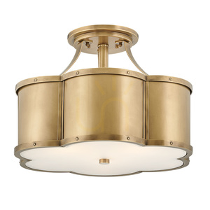 Chance semi-flush ceiling light Quintiesse 3 x E27, Ø 45.7 cm, heritage brass, opal glass small 0
