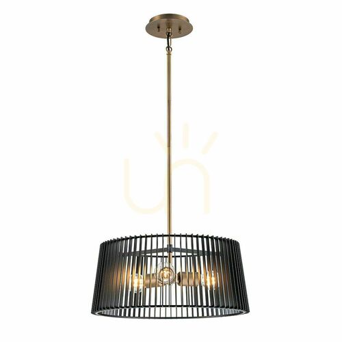 Check Linara pendant light Quintiesse 3 x E27, black slatted shade, natural brass