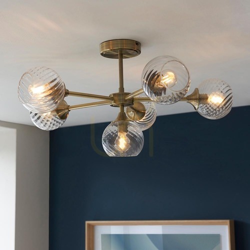 Check Endon Allegra Semi-Flush Ceiling Light Antique Brass 6×E14 Glass Ø64 cm