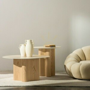 Nova Nook LESUND 90 cm coffee table, travertine-look sintered stone, oak veneer small 1