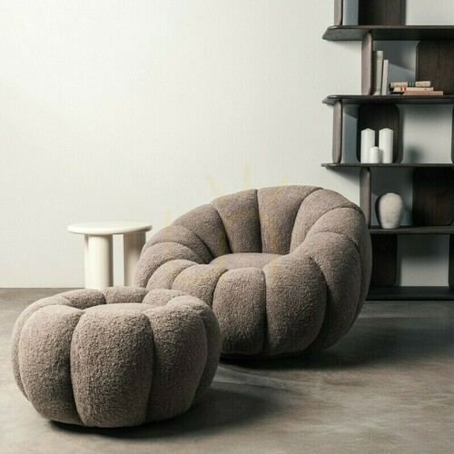 Check FLOWER armchair in cappuccino, with a swivel base, bouclé fabric, and rounded shapes by Nova Nook