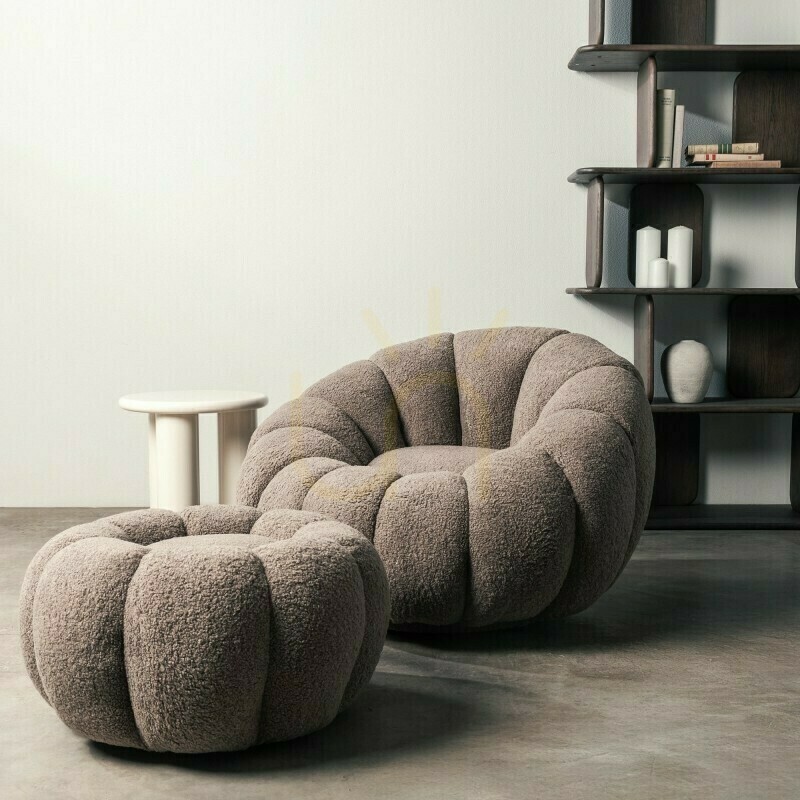 View FLOWER armchair in cappuccino, with a swivel base, bouclé fabric, and rounded shapes by Nova Nook FLOWER armchair in cappuccino, with a swivel base, bouclé fabric, and rounded shapes by Nova Nook