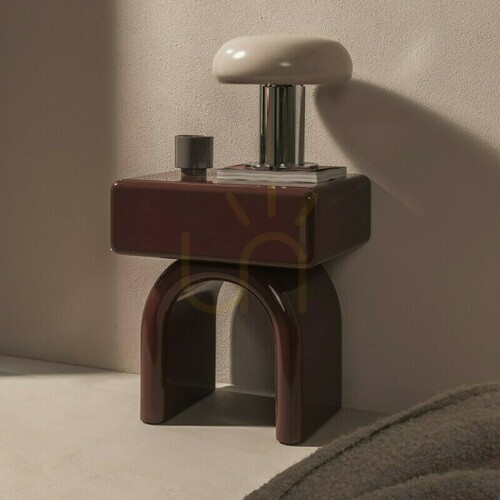 Check LUSH Nightstand with Drawer, Burgundy-Brown, High-Gloss, Arch-Shaped by Nova Nook