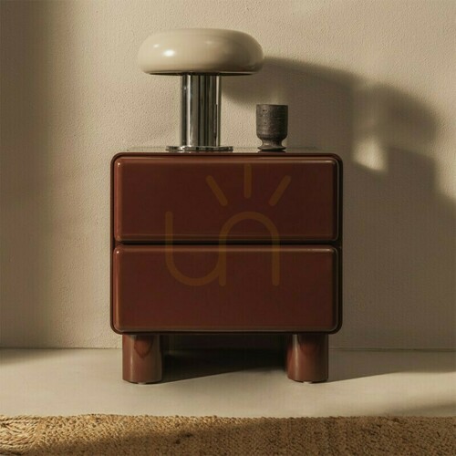 Check AGOS nightstand with drawers, in burgundy/brown, with rounded shapes, featuring the Nova Nook gloss finish