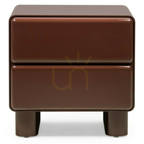 Check AGOS nightstand with drawers, in burgundy/brown, with rounded shapes, featuring the Nova Nook gloss finish
