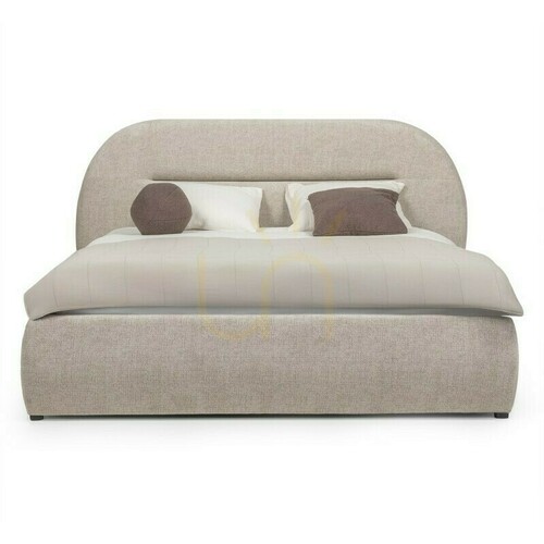 Check LONEL Upholstered Bed, 140 x 200 cm, with frame and storage, light beige, rounded Nova Nook