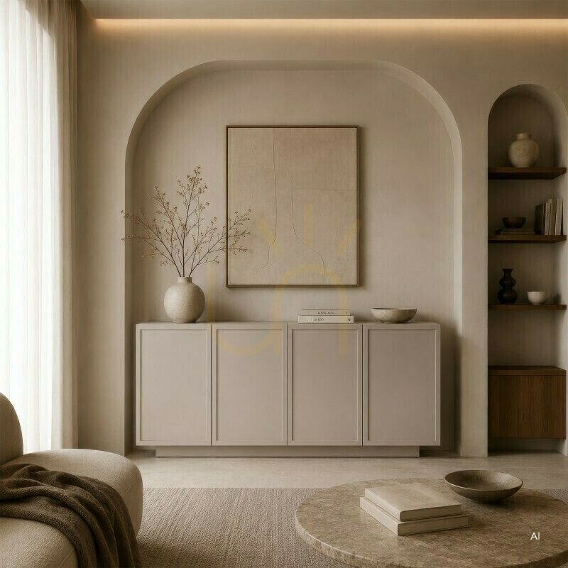 View OKA 160-cm four-door dresser, cashmere color, with Nova Nook panels OKA 160-cm four-door dresser, cashmere color, with Nova Nook panels