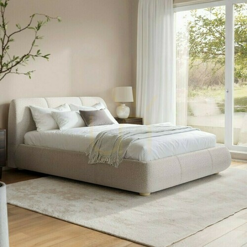 Check OVIN Upholstered Bed, 160 x 200 cm, with frame and storage, light beige, Nova Nook