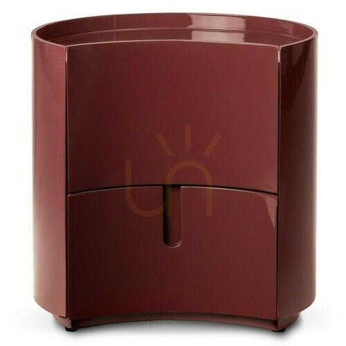 Check LENA nightstand with drawers, in burgundy/brown, with rounded shapes and a Nova Nook gloss finish