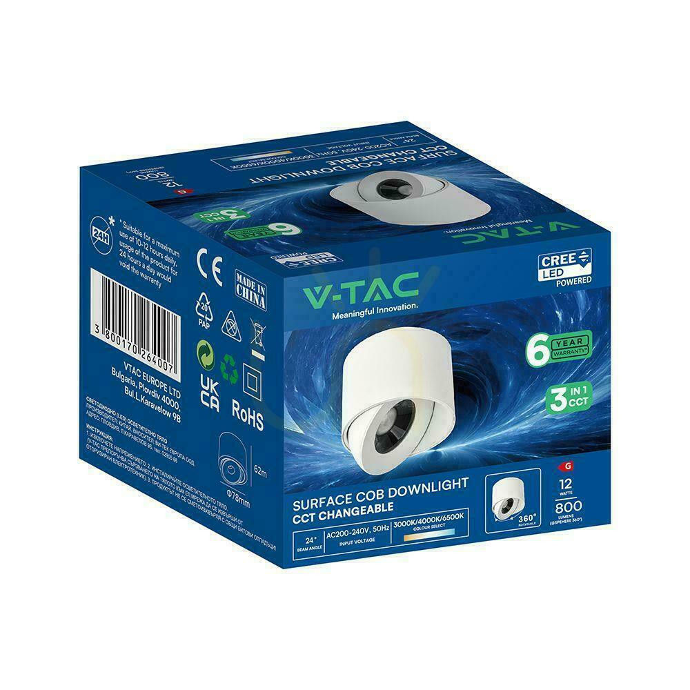Display V-TAC LED CREE Tiltable Surface-Mounted Downlight, 12W, CRI90+, CCT, IP44, White, VT-110012CCT, 800 lm, 6-Year Warranty V-TAC LED CREE Tiltable Surface-Mounted Downlight, 12W, CRI90+, CCT, IP44, White, VT-110012CCT, 800 lm, 6-Year Warranty