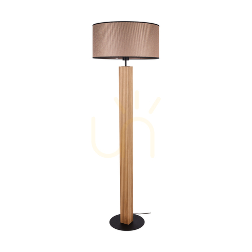 Check Riflet Floor Lamp, Oiled Oak/Black, Brown-Black-Gold Lampshade, 1xE27, Ø50 cm