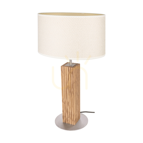 Check Riflet Table Lamp, Oiled Oak/Matte Nickel, Cream and Silver Lampshade, 1xE27, 36 cm