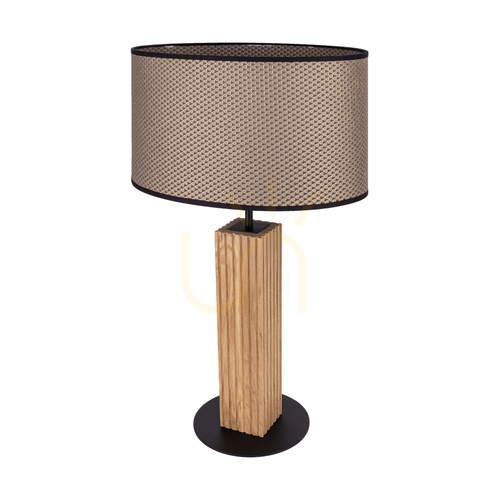 Check Riflet Table Lamp, Oiled Oak/Black, Brown-Black-Gold Lampshade, 1xE27, 36 cm
