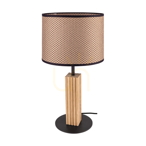 Check Riflet Table Lamp, Oiled Oak/Black, Brown-Black-Gold Lampshade, 1xE27, Ø22 cm