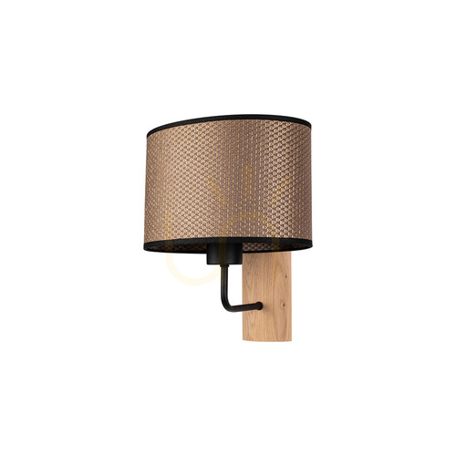 Check Mercedes Wall Sconce, Oiled Oak/Black, Brown-Black-Gold Lampshade, 1xE27, 25 cm