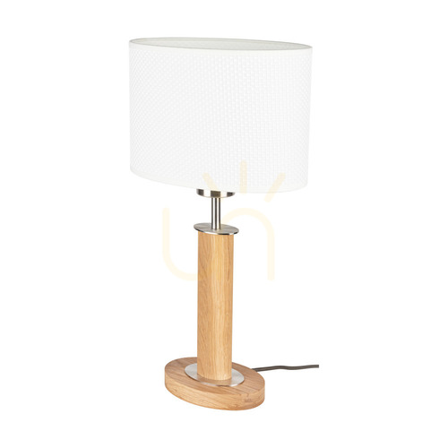Check Mercedes Table Lamp, Oiled Oak/Matte Nickel, White Lampshade, 1xE27, 25 cm