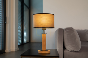 Mercedes Floor Lamp, Oiled Oak/Black, Brown-Black-Gold Lampshade, 1xE27, 25 cm small 4