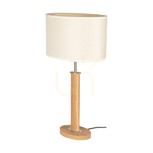 Check Mercedes Table Lamp, Oiled Oak/Matte Nickel, Cream and Silver Lampshade, 1xE27, 36 cm