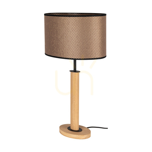Check Mercedes Table Lamp, Oiled Oak/Black, Brown-Black-Gold Lampshade, 1xE27, 36 cm
