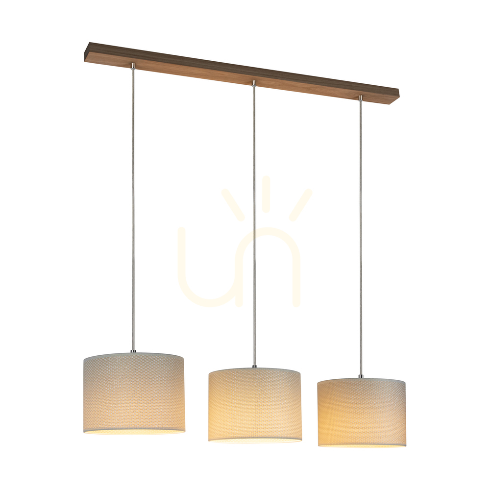 View Mercedes Pendant Light, Oiled Oak, Cream and Silver Lampshade, 3xE27, 100 cm Mercedes Pendant Light, Oiled Oak, Cream and Silver Lampshade, 3xE27, 100 cm