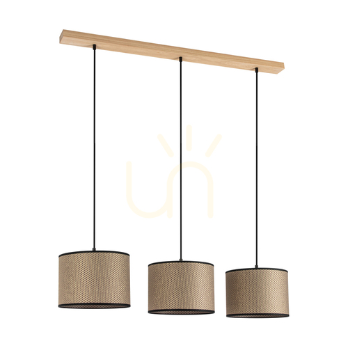 Check Mercedes Pendant Light, Oiled Oak, Brown-Black-Gold Lampshade, 3xE27, 100 cm
