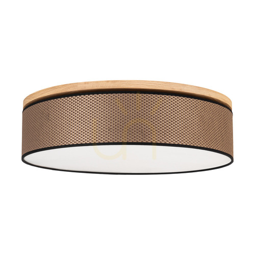 Check Mercedes Ceiling Light, Oiled Oak, Brown-Black-Gold Lampshade, 4xE27, Ø58 cm