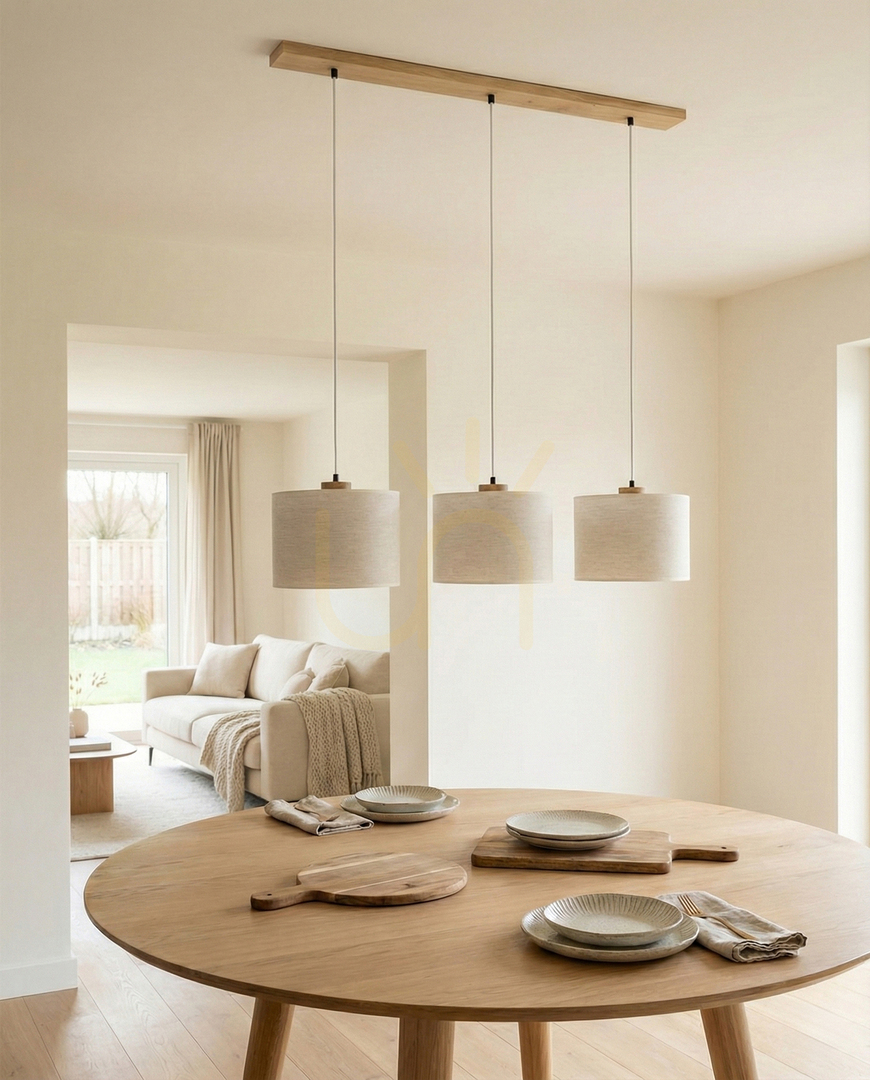 View Dreva Pendant Light, Oiled Oak, Beige Shade, 3xE27, 100 cm Dreva Pendant Light, Oiled Oak, Beige Shade, 3xE27, 100 cm